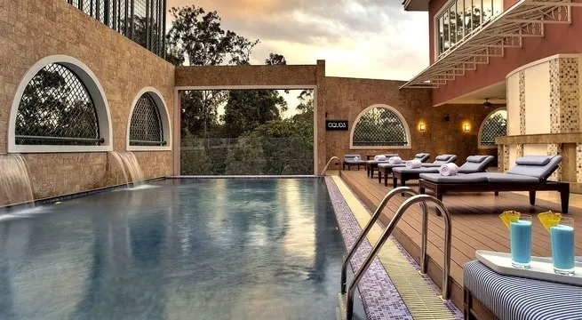 The outdoor pool and two-floor spa, featuring nine treatment rooms
