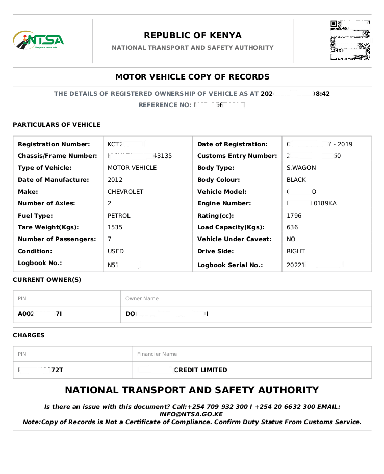 motor vehicle copy of record sample