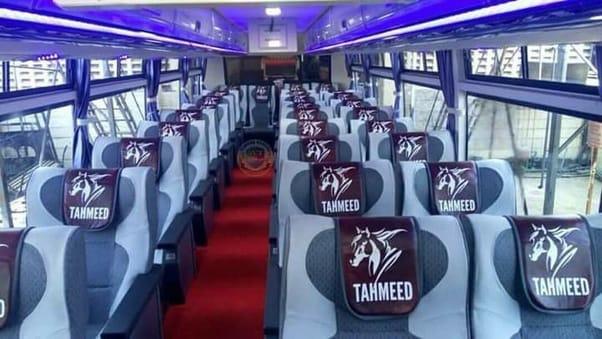 Tahmeed Coach interior with reclining seats and USB ports