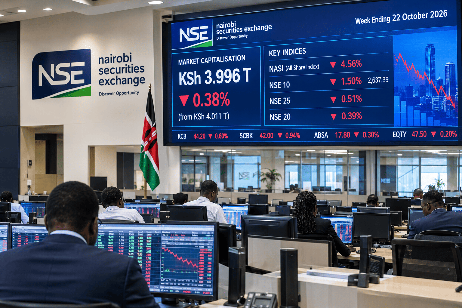 Illustration of the Nairobi Securities Exchange market decline in the week ending 22 October 2026.