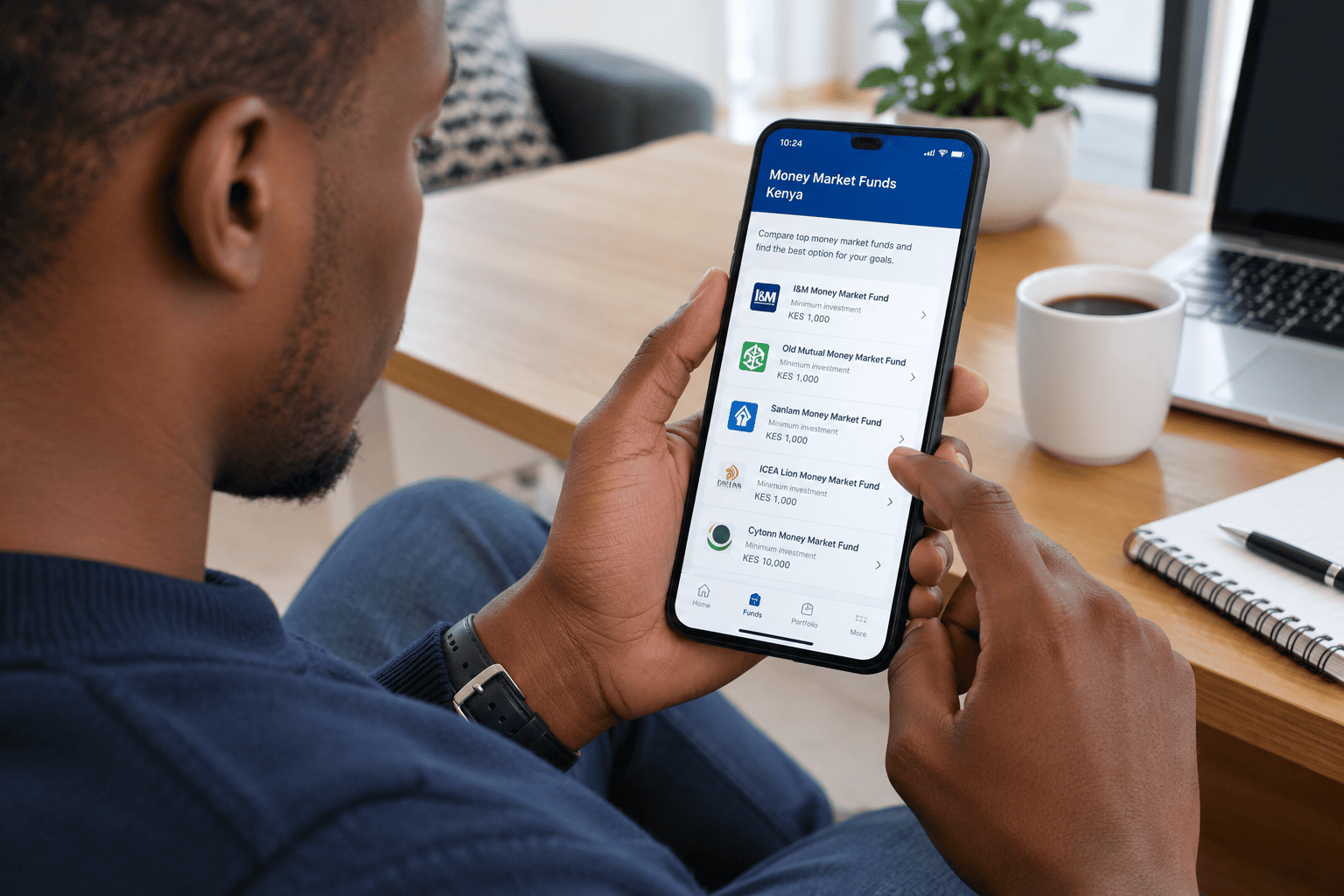 Kenyan investor reviewing money market fund options on a mobile phone
