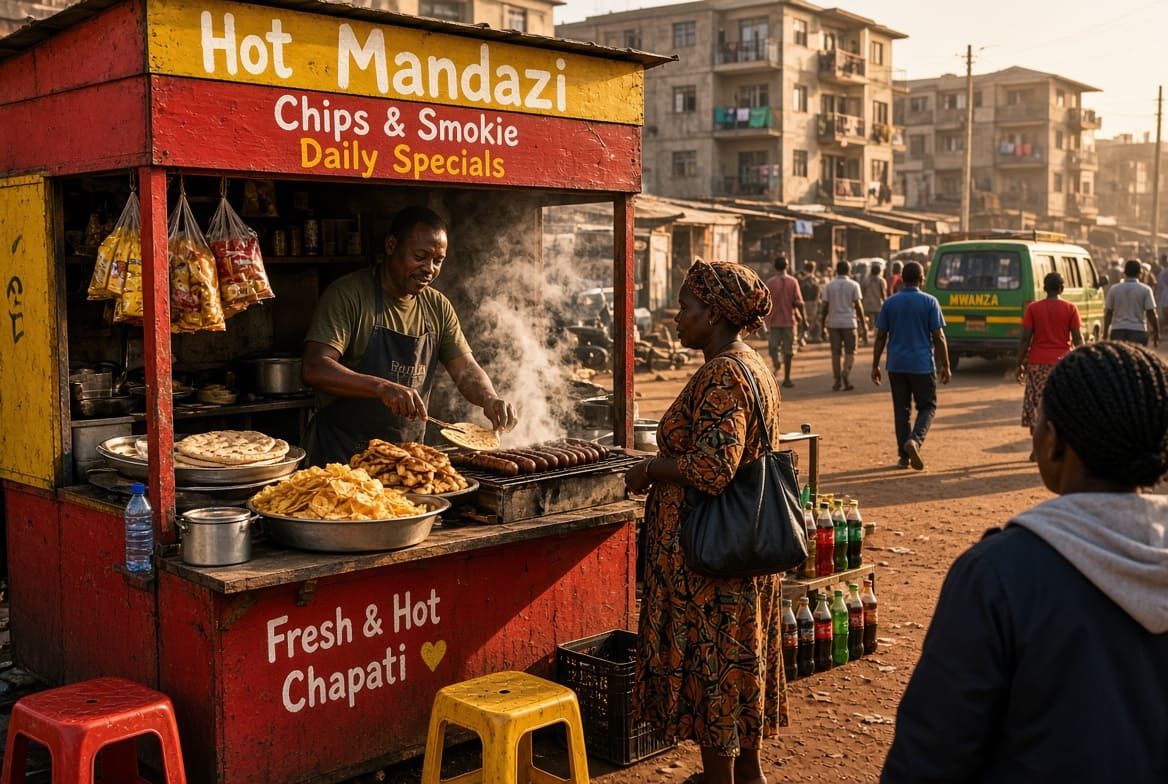 Street food vendor and small kiosk in a Kenyan estate representing daily income businesses